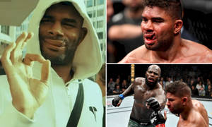 三位MMA拳手在搏擊運動賽事中的動作姿勢。