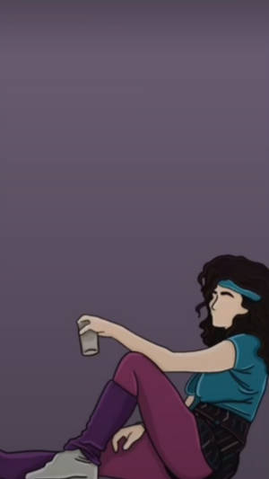 動漫女孩盤腿坐著，在紫色背景前拿著一個玻璃杯