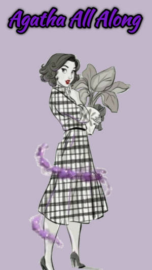 穿著格子裙的插畫女性，手持一株有紫色能量藤蔓盤旋的植物。