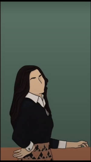 穿著黑色毛衣和圖案裙子的動漫女孩靠在椅子上，背景是綠色牆壁。