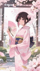 動漫女孩穿粉紅和服在花園中櫻花瓣下拿扇子