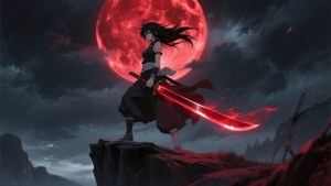 動漫戰士手持發光紅色劍站在懸崖上，背景是血月