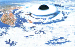 一個巨眼漂浮在雪景和可見的海岸線上方。 — 行星 壁紙