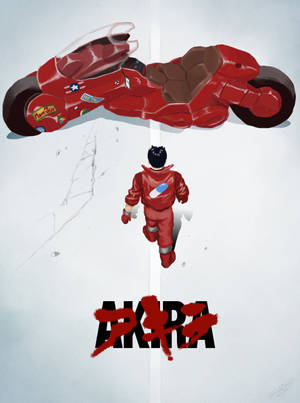 一個紅色裝束的騎手走向一輛懸浮的紅色電單車，下方有 Akira 標題。