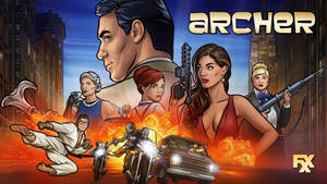 《Archer》動畫電視劇海報，角色們在熊熊燃燒的城市背景下展開行動。