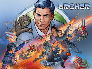 《Archer》電視節目角色在混亂動作場景中，伴有爆炸和地標。