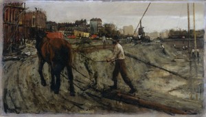 喬治·亨德里克·布雷特納（George Hendrik Breitner）約1900年創作的《阿姆斯特丹工地》，媒材為油畫（油畫顏料）。下載此藝術作品作為桌面、平板或手機的高解析度桌布。