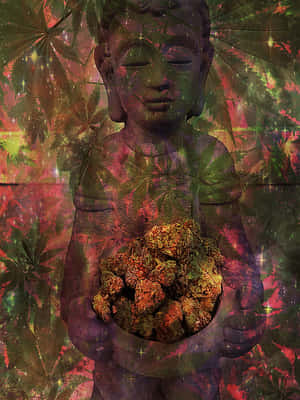 佛像在宇宙葉狀光芒中手持大麻