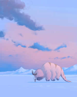 雪景中，小人物站在巨大長毛猛獁象旁，粉紅藍色天空