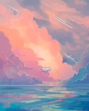 一隻白貓在粉彩天空下飛越平靜的海洋，伴隨著流星。 — 頭像動圖 壁紙