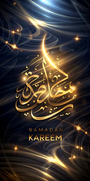 深藍色背景上金色的Ramadan Kareem書法，帶有發光的光線條紋和星星