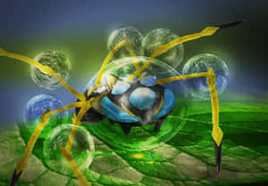 發光的藍色昆蟲，帶有黃色肢體，在綠葉上，周圍有氣泡。 — 藝術 壁紙