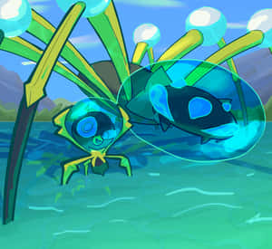 兩隻發光藍眼睛的卡通生物在藍綠色水中游泳。 — 藝術 壁紙