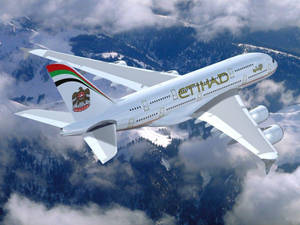 阿提哈德航空A380飛越雪山和森林。