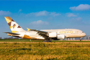 阿提哈德航空空中巴士A380飛機在跑道上，藍天和草地