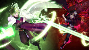 兩個動漫戰士在黑暗宇宙戰鬥場景中用發光的劍決鬥。