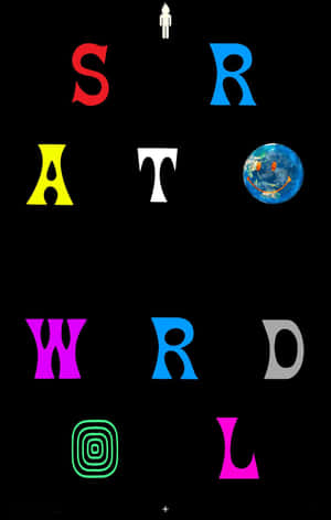 彩色字母在太空中拼出STRATOWORLD，帶有地球和上方一個微小的人形。