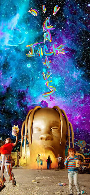 孩子們在色彩繽紛的宇宙天空下，在一個巨大金色嬰兒頭附近玩耍。