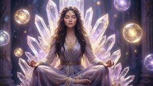 一位女神在神秘環境中被發光的水晶和漂浮的球體包圍著冥想。
