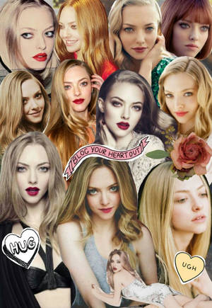 Amanda Seyfried 的肖像拼貼畫，帶有紅唇和心形圖案。