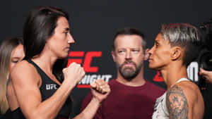 兩位女性MMA拳手在UFC賽事中拳頭相鎖，對峙。 — 運動 壁紙