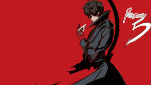 動漫角色穿著深色外套，在紅色背景前手持帶有Persona 5標誌的卡片。