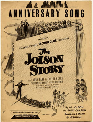 《The Jolson Story》嘅復古樂譜封面，展示插圖表演者同音符。 — 高解析度 壁紙