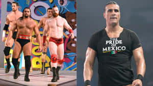 穿著短褲的摔角手在舞台上走在穿著「Pride of Mexico」襯衫的男子旁邊。