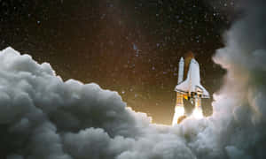 穿梭機穿過雲層發射到繁星點點的夜空 — 河景 壁紙