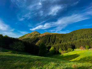 在明亮的藍天下，有薄雲和森林覆蓋的山坡，起伏的綠色山丘。