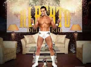 摔角手 Alberto Del Rio 在一個豪華的客廳裡，有閃光和一隻狗在他腳邊。