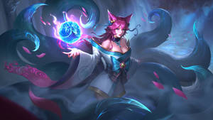 動漫狐狸精靈施展發光的藍色魔法，伴隨著旋轉的黑暗能量和粉紅色花瓣。 — 魔法風雲會 壁紙