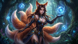 藍色鎧甲的九尾狐女神在魔法森林中召喚發光球體。