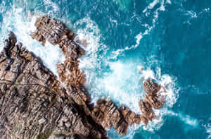 在明亮的日光下，崎嶇的海岸岩石被碧綠色的海浪拍打。