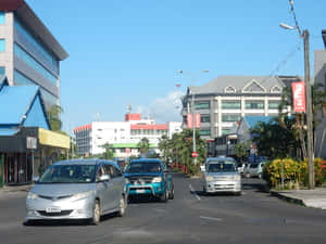 汽車喺陽光明媚嘅熱帶城市街道上行駛，兩旁種滿棕櫚樹同現代建築。 — 道路 壁紙
