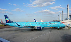 藍綠色Azul Airlines飛機停在機場，機身有旅行圖案。