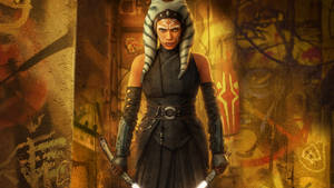 Ahsoka Tano 喺溫暖燈光嘅塗鴉小巷入面揸住兩把光劍。