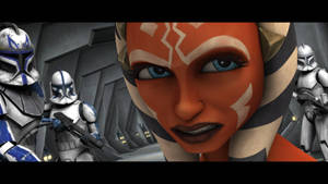 Ahsoka Tano 藍色眼睛和橙色皮膚，在金屬走廊中被複製人士兵包圍。