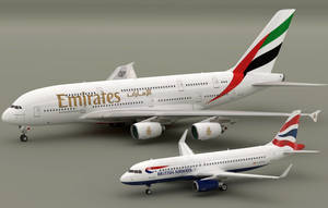 兩架客機阿聯酋航空A380和英國航空B787在攝影棚環境中。