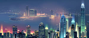 夜晚的城市天際線，閃爍的摩天大樓和水面倒影。