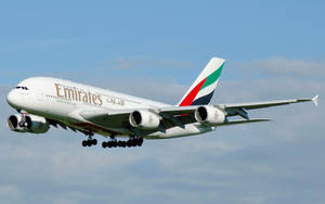 阿聯酋航空空中巴士A380飛機起落架放下，在藍天中降落。