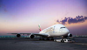 阿聯酋航空A380飛機在黃昏時分被拖行在機場停機坪上 — 雲朵 壁紙