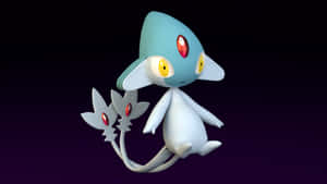 一個藍白相間的動漫生物，有紅色眼睛和葉狀尾巴，漂浮在深紫色空間中。