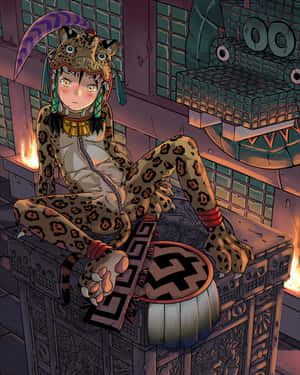 動漫女孩穿著豹紋服裝坐在神廟祭壇上，伴隨著火焰和發光的眼睛