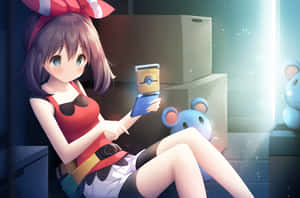 動漫女孩在舒適的房間裡手持Pokédex和毛絨玩具 — 卡通 壁紙