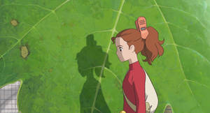 身穿紅色上衣的女孩站在巨大綠色葉子上，影子在旁邊