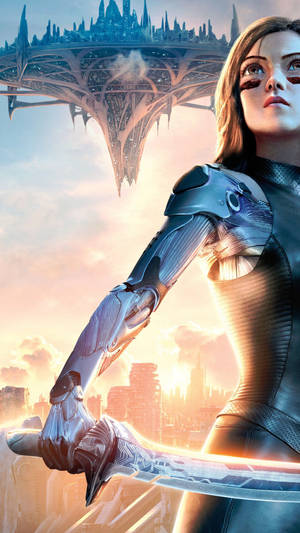 一位身穿未來盔甲的女戰士，在日落時分手持發光劍，背景是浮空城市。