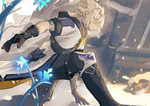 金髮動漫戰士在雪空中跳躍，伴隨著發光的藍色星形能量效果。