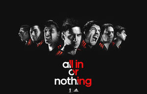 七個表情激烈的足球員和短語 all in or nothing。