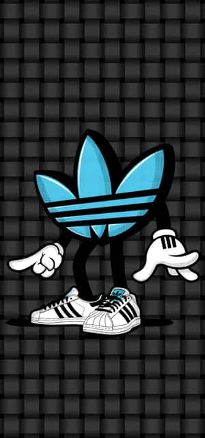 卡通 adidas 標誌角色著住波鞋喺編織背景上